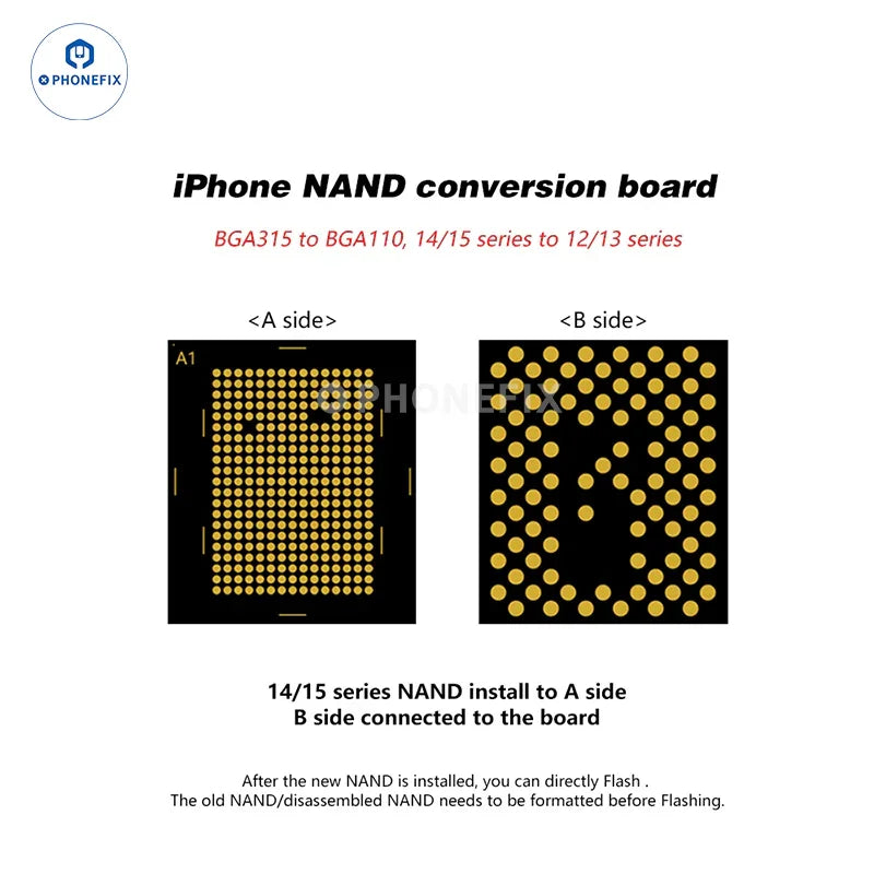 PhoneFix BGA315 to BGA110 NAND chip conversion board for iPhone, iPad, and MacBook featuring iPhone IC replacement.