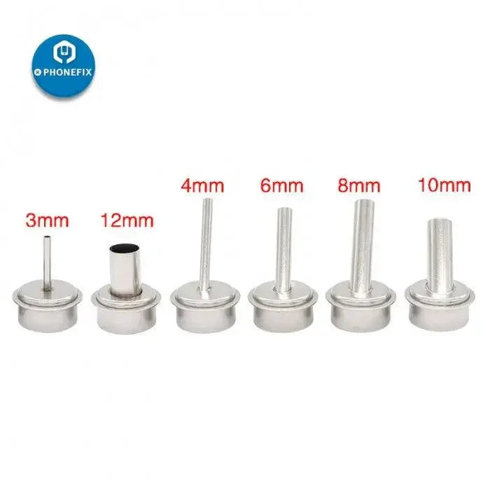 Set of PHONEFIX air gun nozzles in 3mm to 12mm sizes for QUICK 861DW soldering station, showing various metal nozzle tips.