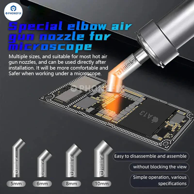 Assorted PHONEFIX air gun nozzles in 3mm to 12mm sizes for QUICK 861DW soldering station, metal tips for precise soldering and heat blowers.