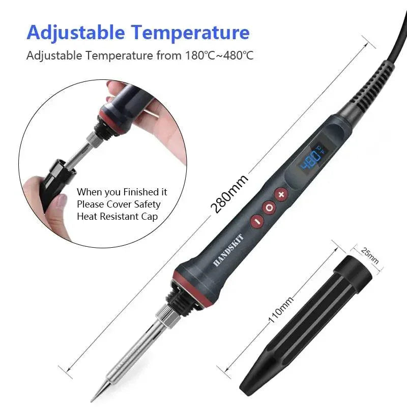 PhoneFix 90W electric soldering iron with adjustable temperature, featuring various iron tips and nozzles for welding and electronics repair.