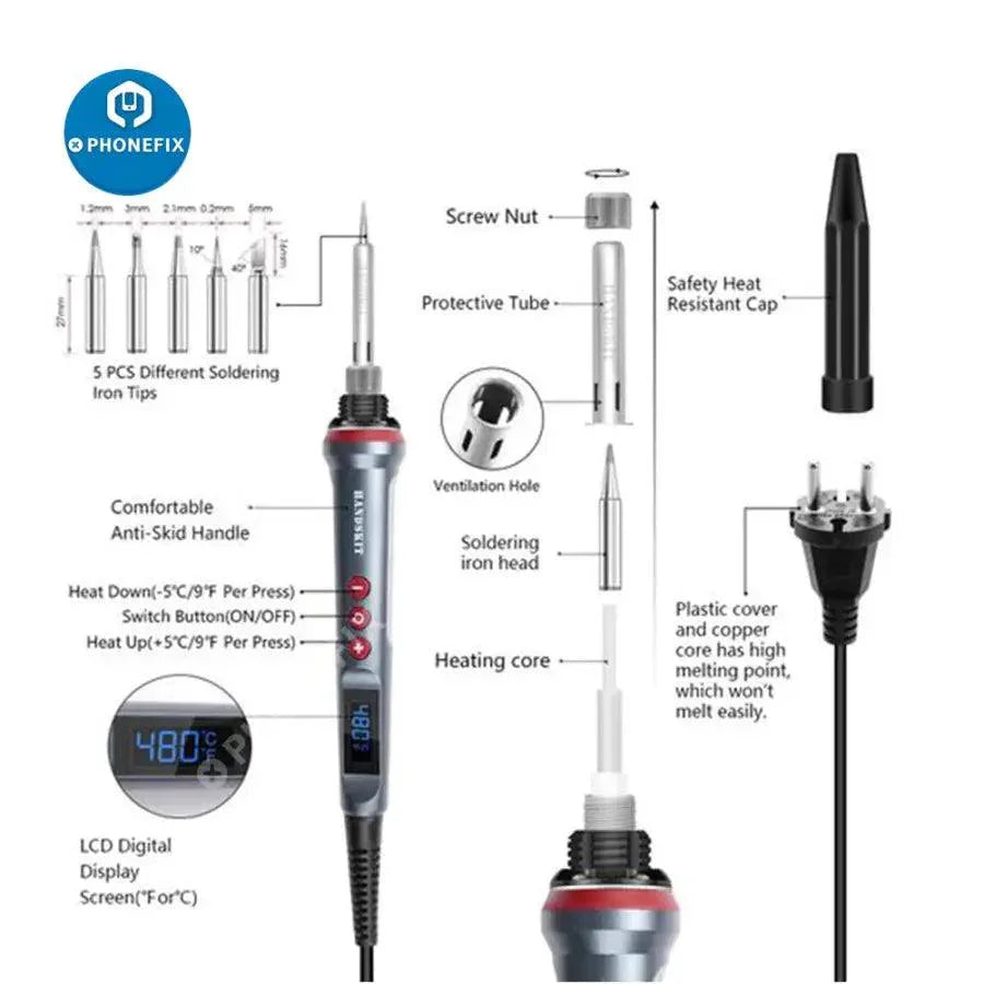PhoneFix 90W electric soldering iron with adjustable temperature, featuring iron tips and nozzles for welding and soldering tasks.