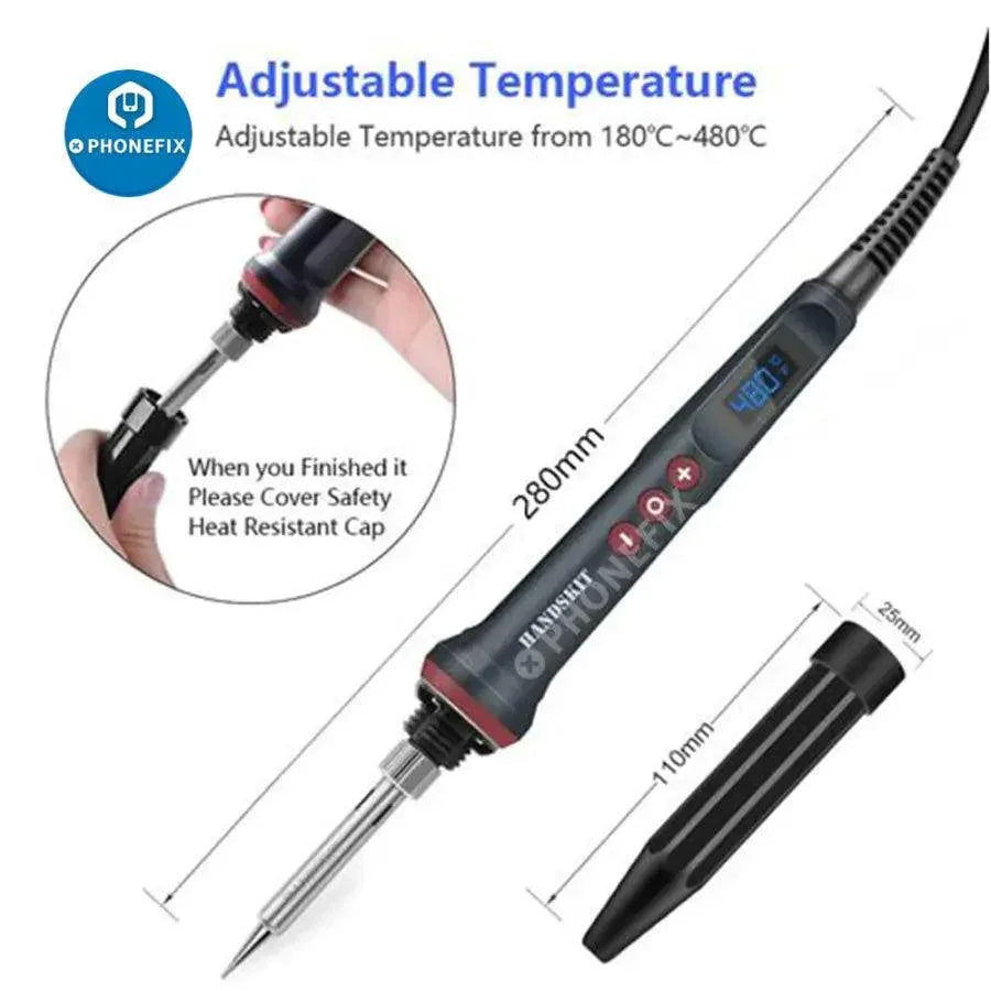 PhoneFix 90W electric soldering iron with adjustable temperature, featuring tips and nozzles for welding and electronics repair.
