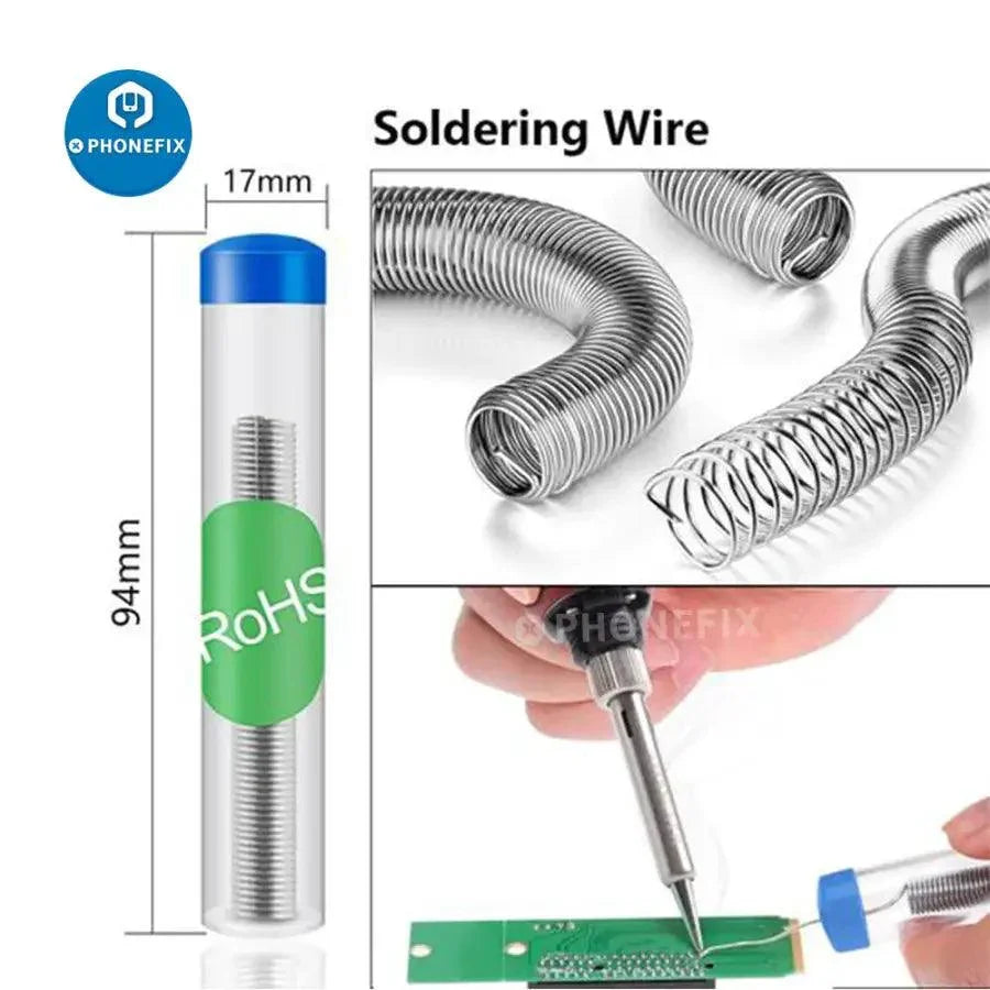 PhoneFix electric soldering iron 90W with adjustable temperature, featuring various iron tips and nozzles for welding and electronics repair.