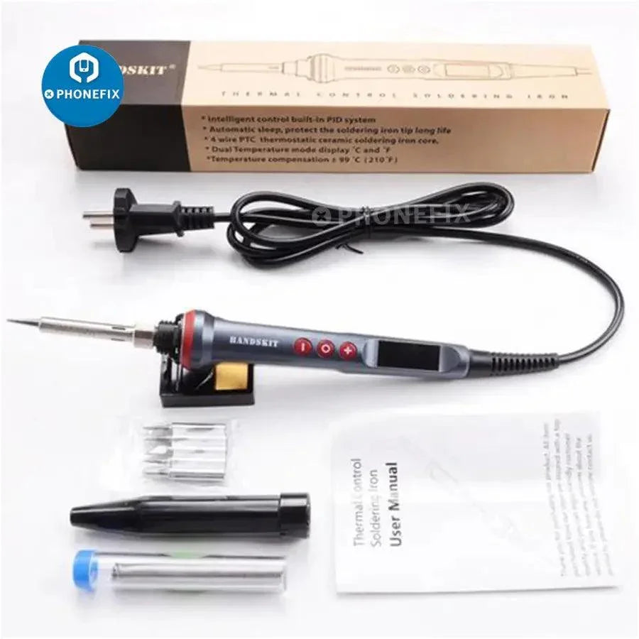 PHONEFIX electric soldering iron 90W with adjustable temperature, featuring replacement tips and nozzles for precision welding tasks.
