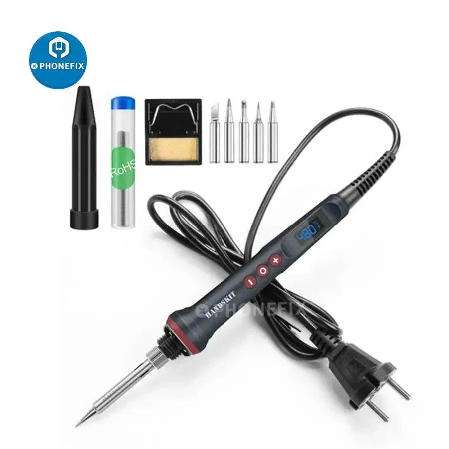 PHONEFIX electric soldering iron 90W with adjustable temperature, featuring replacement iron tips and nozzles for welding projects.