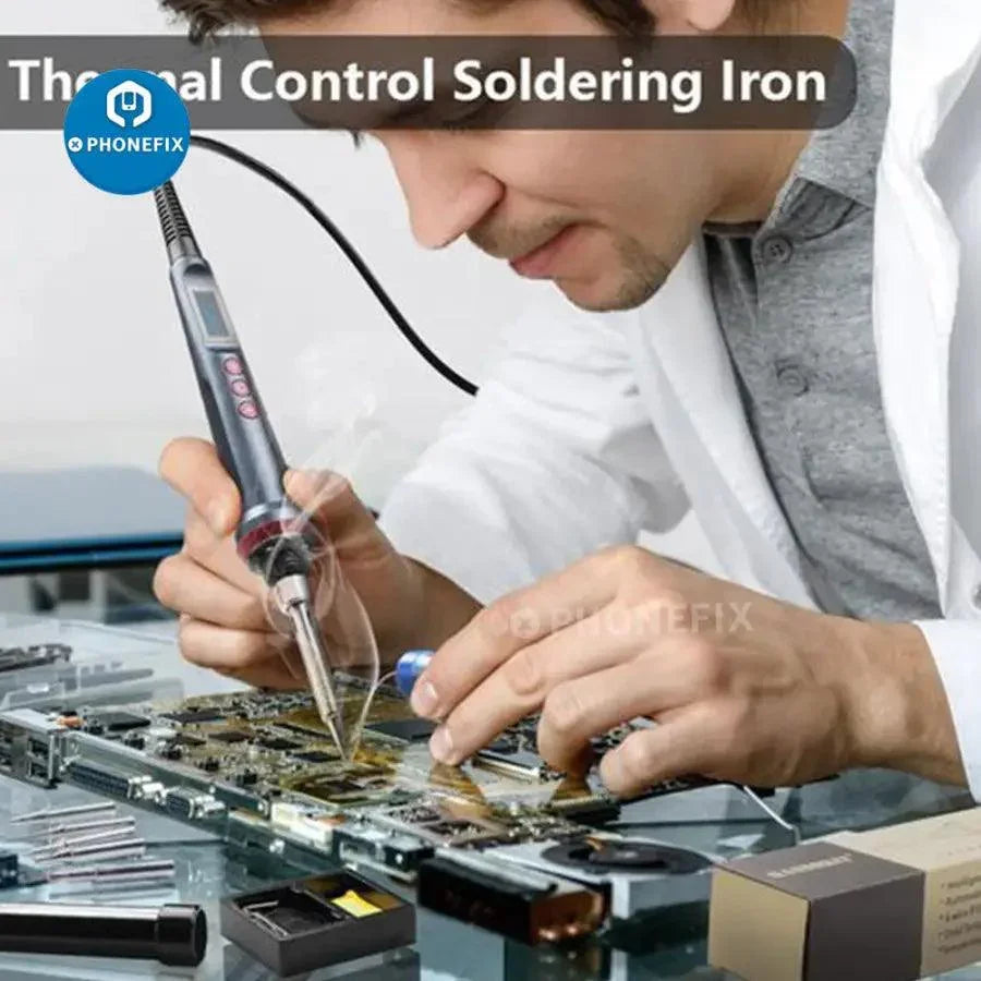 PhoneFix 90W electric soldering iron with adjustable temperature, featuring iron tips and nozzles for welding and electronics repair.