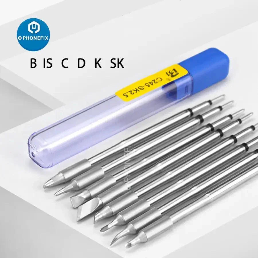 JBC C245 replacement soldering iron tip for JBC T245 handle, compatible with JBC T245 series, shown on a phone repair workbench