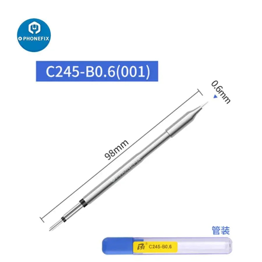 JBC C245 replacement soldering iron tip by PHONEFIX, compatible with JBC T245 handle, shown on a clean workspace.