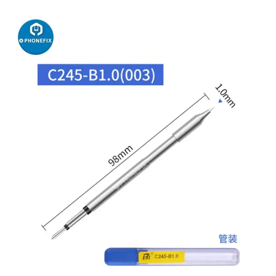 JBC C245 replacement soldering iron tip compatible with JBC T245 handle, shown on a workspace with soldering tools.