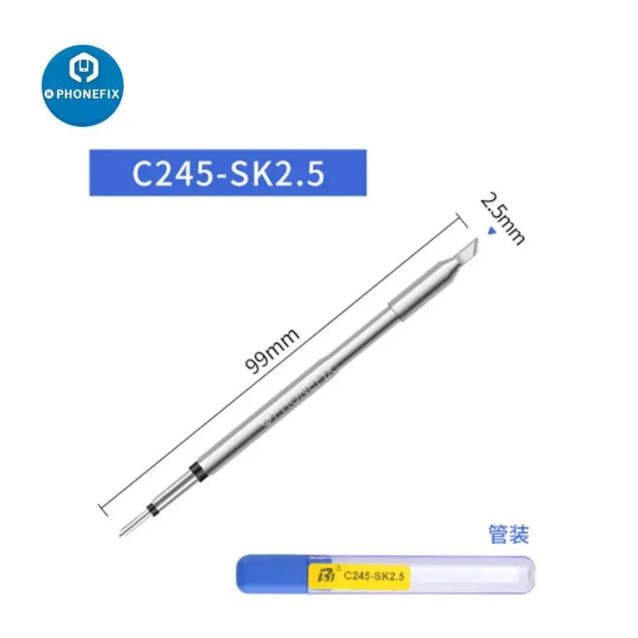 PhoneFix JBC C245 replacement soldering iron tip compatible with JBC T245 handle, shown with a pointed metal tip for precise soldering.