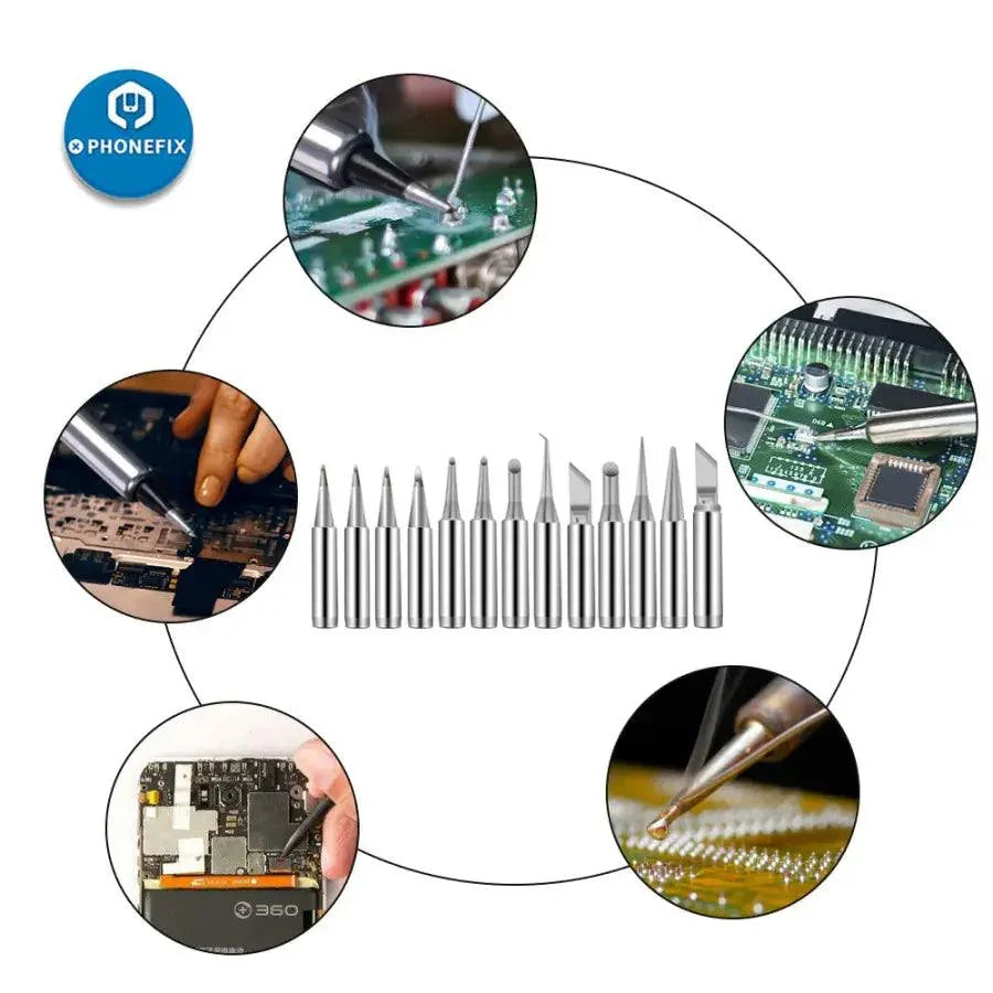 Set of five PHONEFIX 900M-T welding head solder iron tips for 936 series soldering stations, designed for precise electronic soldering.