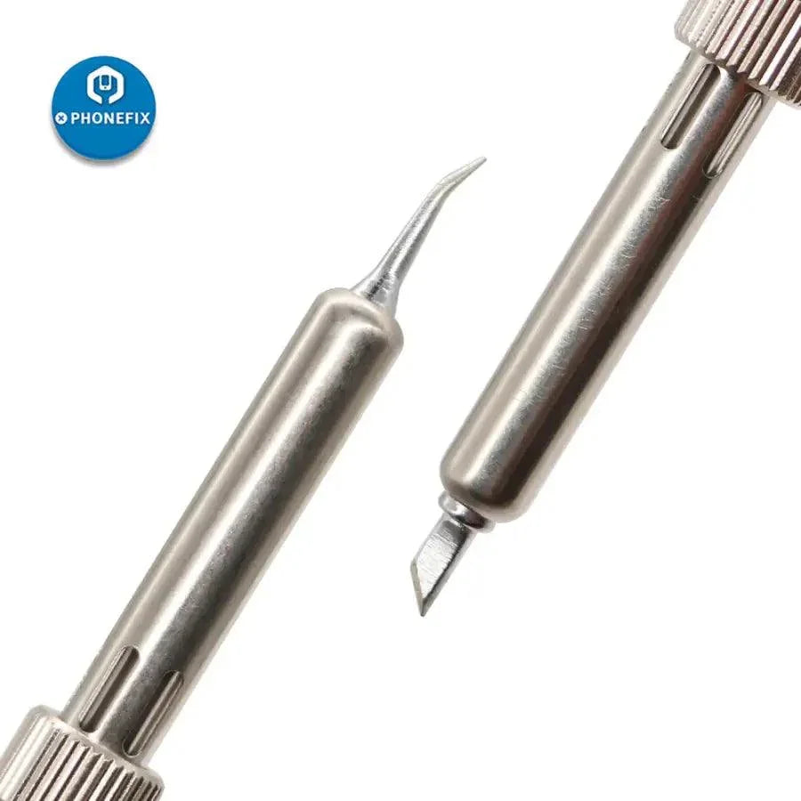 PhoneFix 900M-T welding head soldering iron tip for 936 series soldering station, shown with five replacement tips on a soldering station.