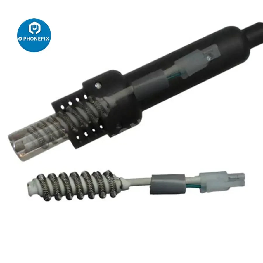 PhoneFix hot air gun handle with three-wire design, compatible with rework stations and featuring iron tips and nozzles.