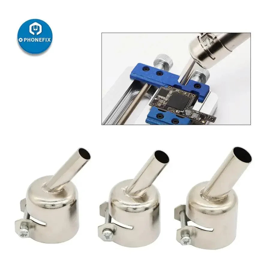 Phonefix 45-degree curved nozzles for 850, 852, 858, 878 series hot air stations, used for precise soldering and rework.