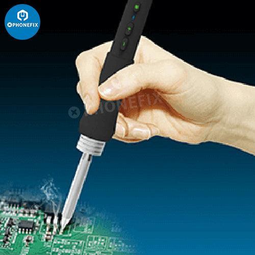 Poignée de fer à souder de précision AE680 pour la réparation de soudure de circuits imprimés de PHONEFIX, présentée avec des embouts interchangeables sur un établi.