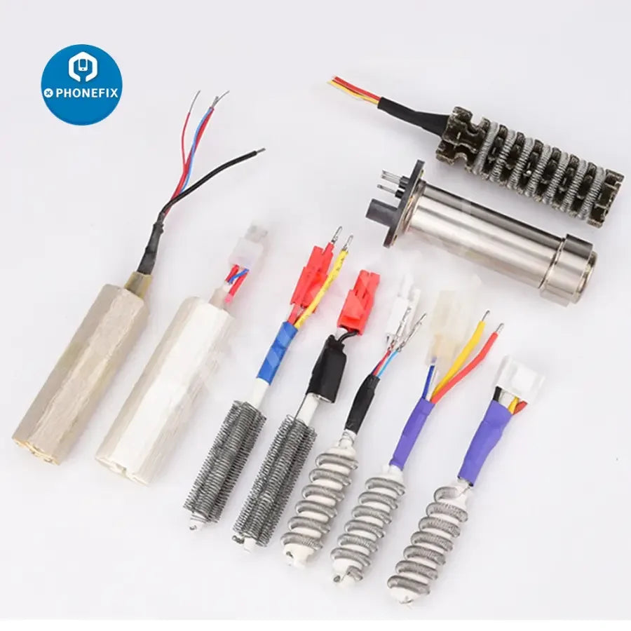 Phonefix hot air gun heating core replacement for 850 and 852D soldering station, with iron tips and nozzles.