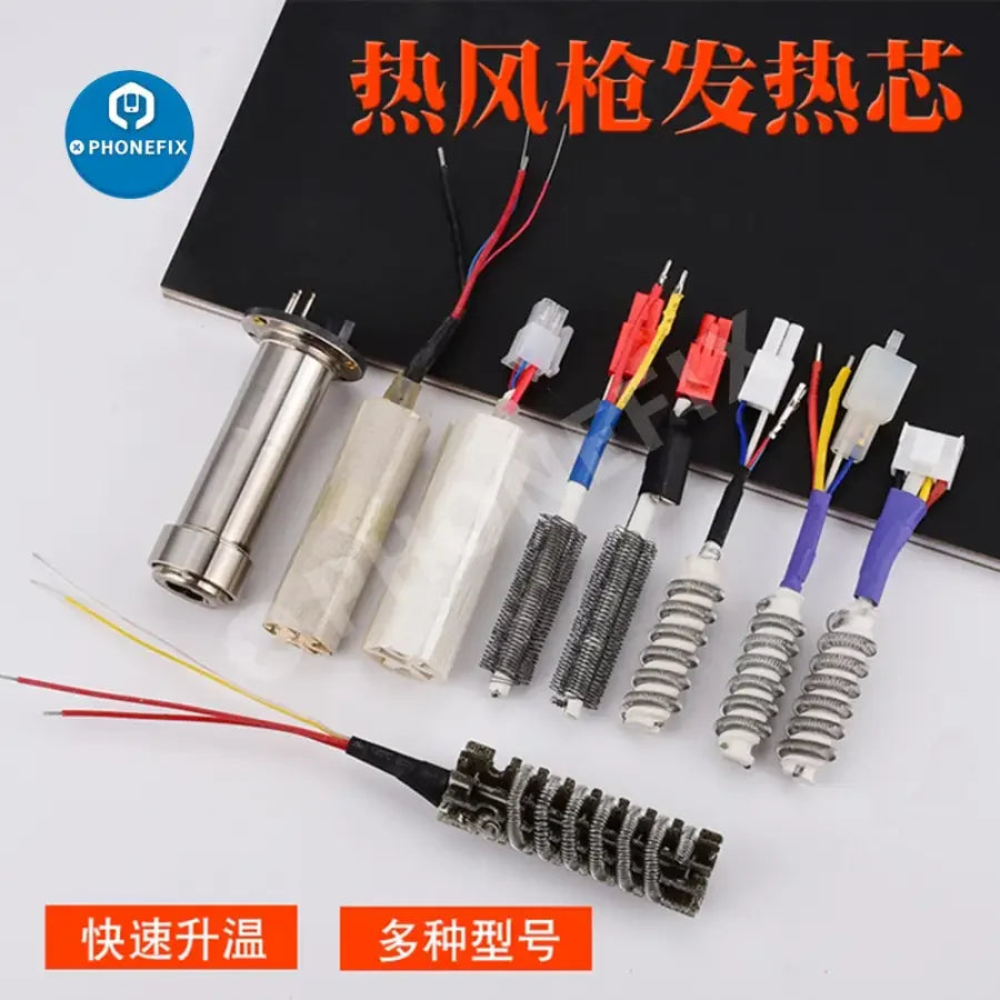 PhoneFix hot air gun heating core replacement for 850, 852D, 952D, 850AD soldering station, featuring iron tips and nozzles.