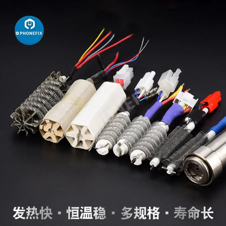 PhoneFix hot air gun heating core replacement for 850, 852D, 952D, 850AD soldering station, featuring iron tips and nozzles.
