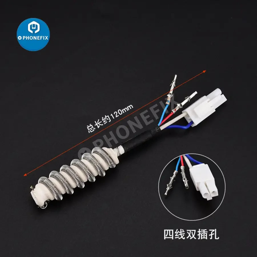 PhoneFix hot air gun heating core replacement for 850, 852D, 952D, 850AD soldering stations, showing iron tips and nozzles.