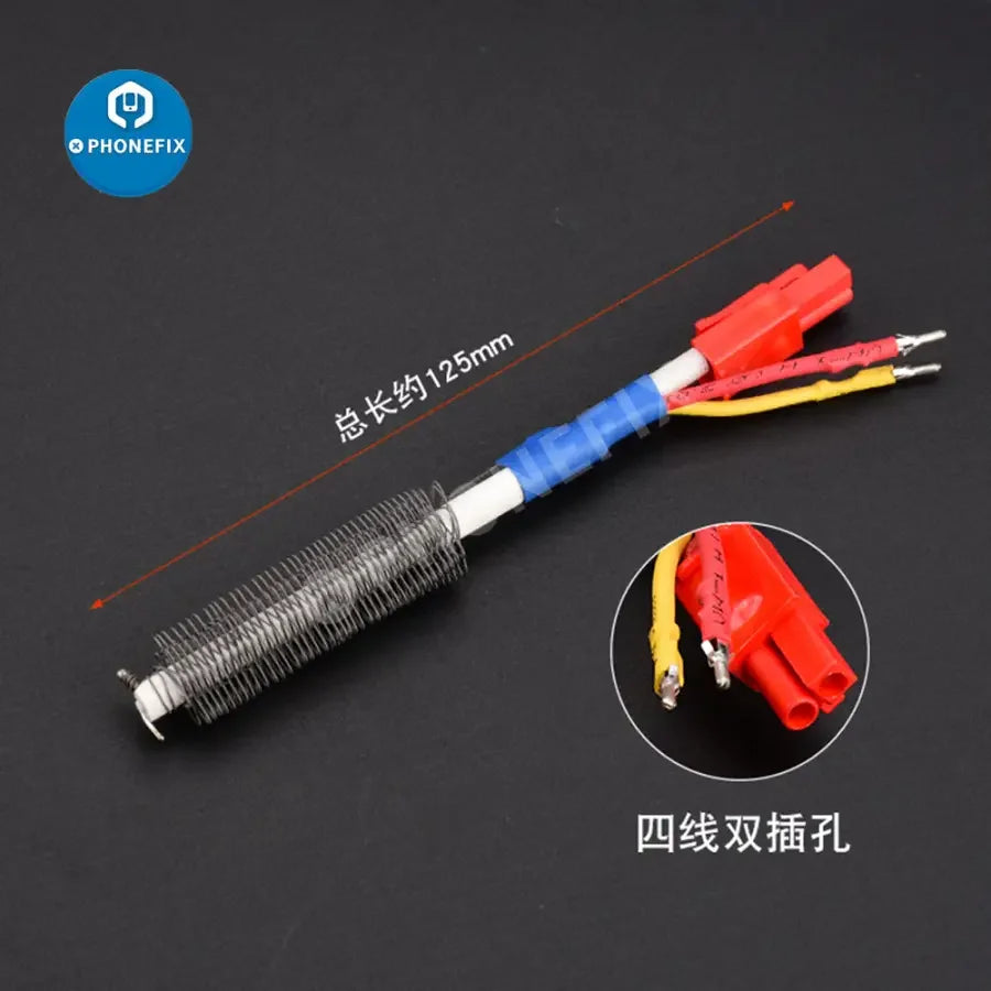 PhoneFix hot air gun heating core replacement for 850, 852D, 952D, 850AD soldering station, featuring iron tips and nozzles.