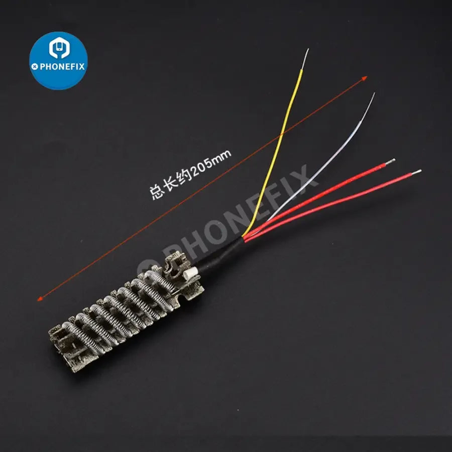 PhoneFix hot air gun heating core replacement for 850, 852D, 952D, 850AD soldering stations, shown with iron tips and nozzles.