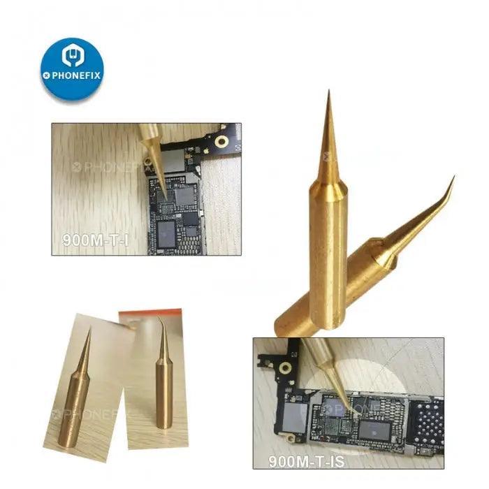 PhoneFix Superfine 900M-T soldering iron tip for jumper wires and fingerprint repair, shown with precision tip and nozzle details.