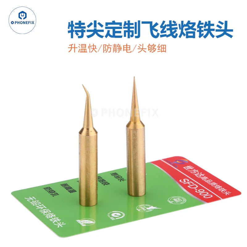 Precision 900M-T soldering iron tip by PHONEFIX for 936 and 937 soldering stations, shown in close-up on a soldering station.