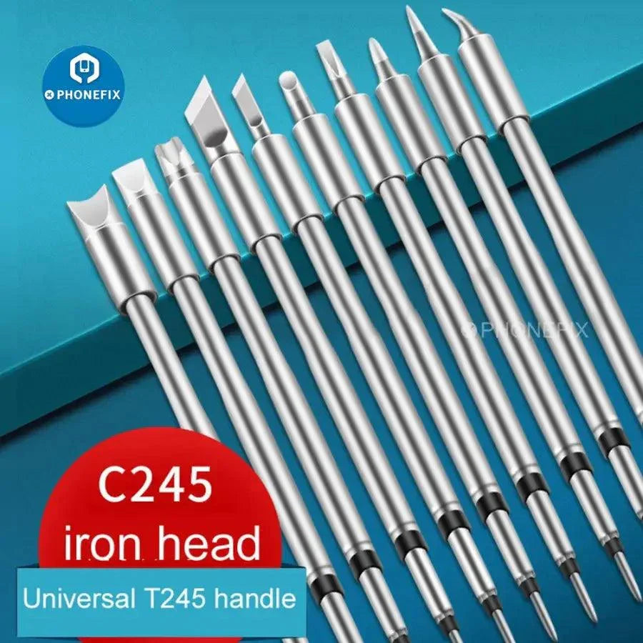 JBC C245 universal soldering iron tip for JBC soldering stations, shown on a workbench with soldering tools and equipment.