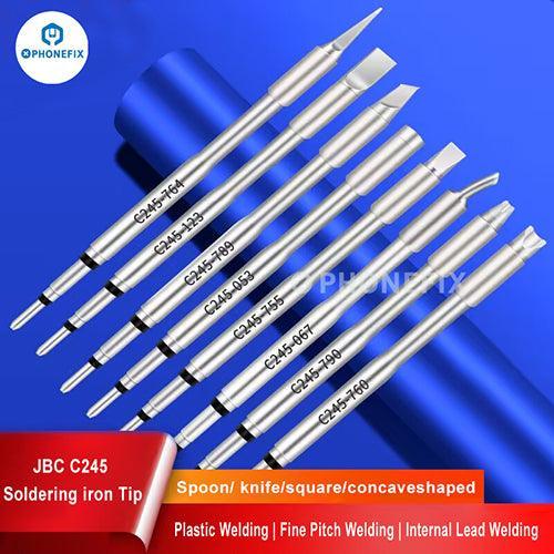 JBC C245 soldering iron tip with T245 handle, universal welding head for phone repair and electronics soldering.