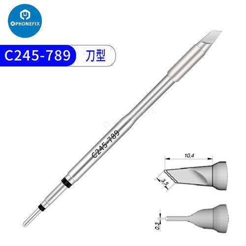 JBC C245 soldering iron tip with T245 handle, universal welding head for phone repair, by PHONEFIX, shown on a workbench.