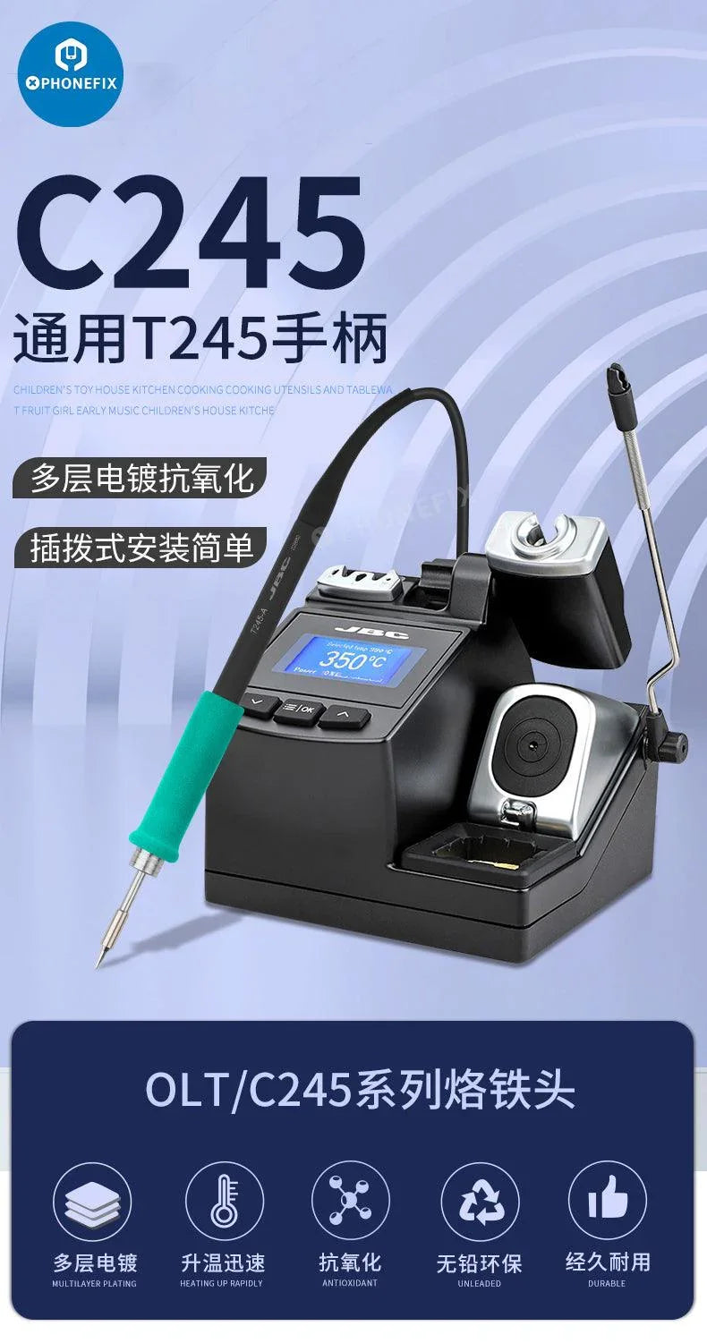 JBC C245 soldering iron tip with T245 handle, universal welding head for phone repair, by PHONEFIX.