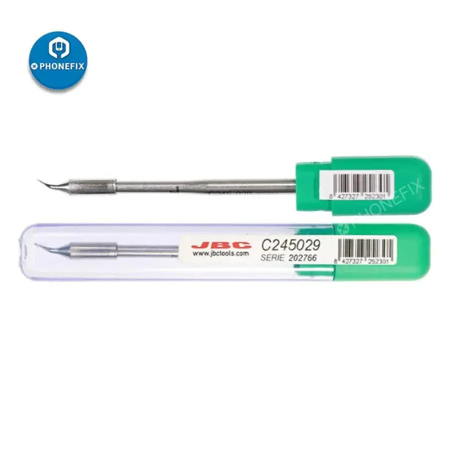JBC C245 Series precision soldering tips for T245 handle, ideal for electronic soldering, shown with multiple tips for phone repair.