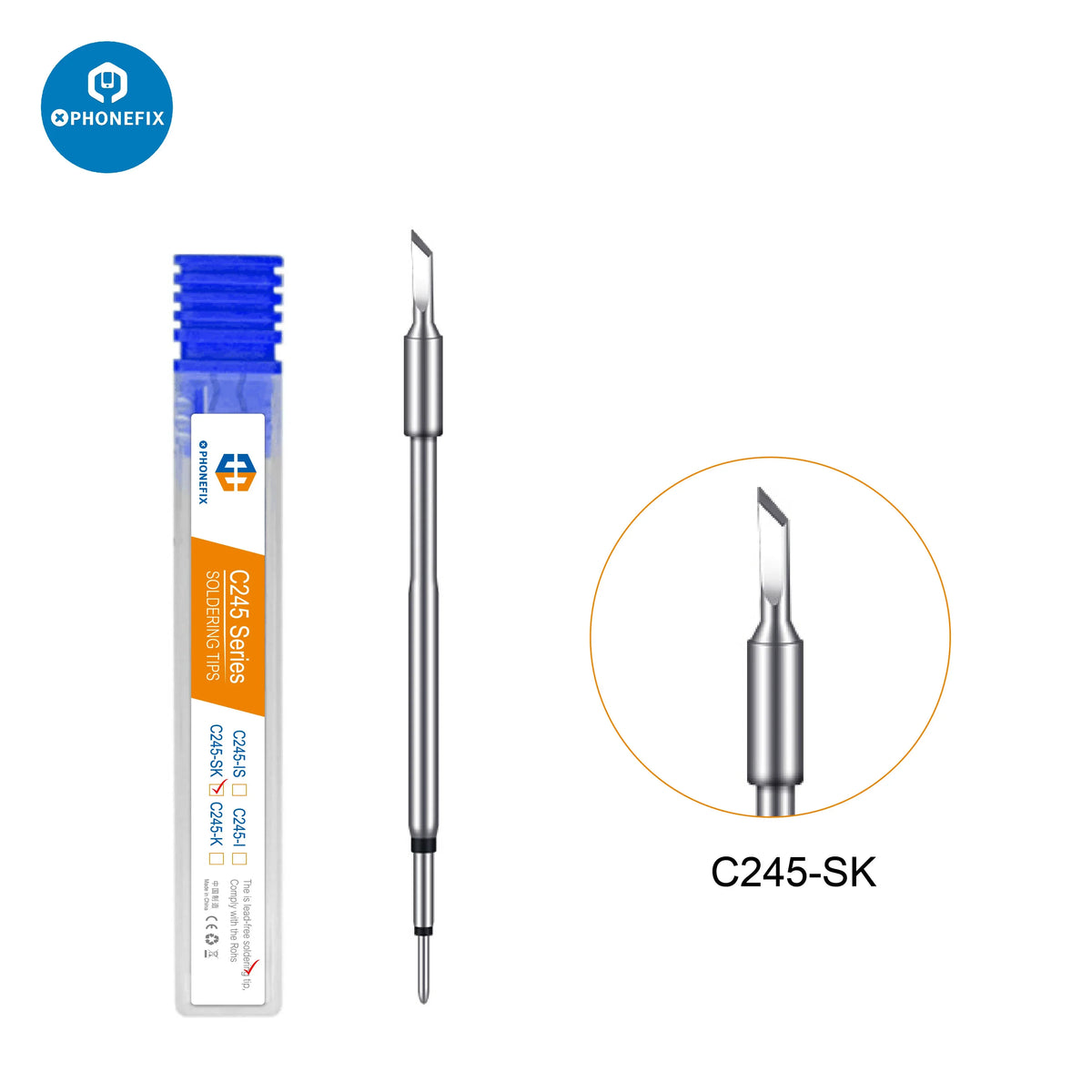 JBC C245 series precision soldering tip for T245 handle, compatible with iron tips and nozzles, by PHONEFIX