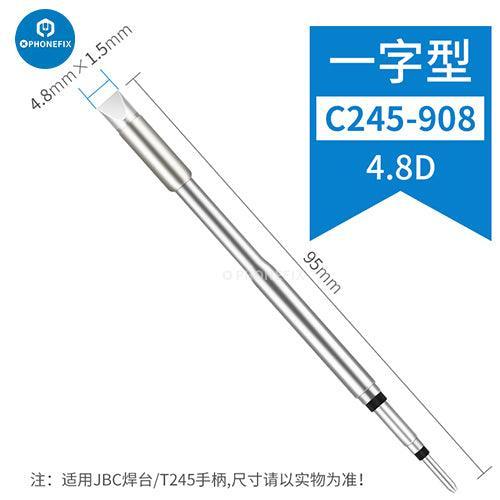 Pointe de fer à souder série JBC C245 pour station de soudage JBC, présentée sur un établi avec des outils et des composants électroniques.
