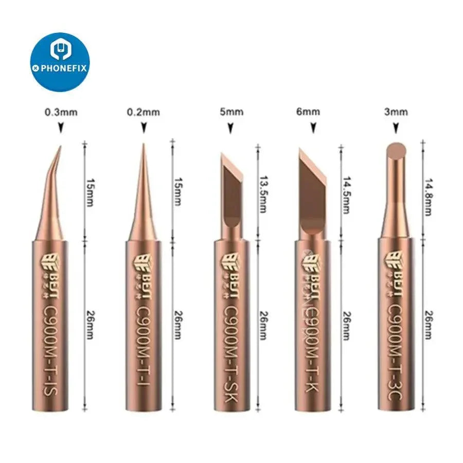 Set of 5 PHONEFIX solder iron tips and welding nozzles made of oxygen-free copper for precise soldering tasks.