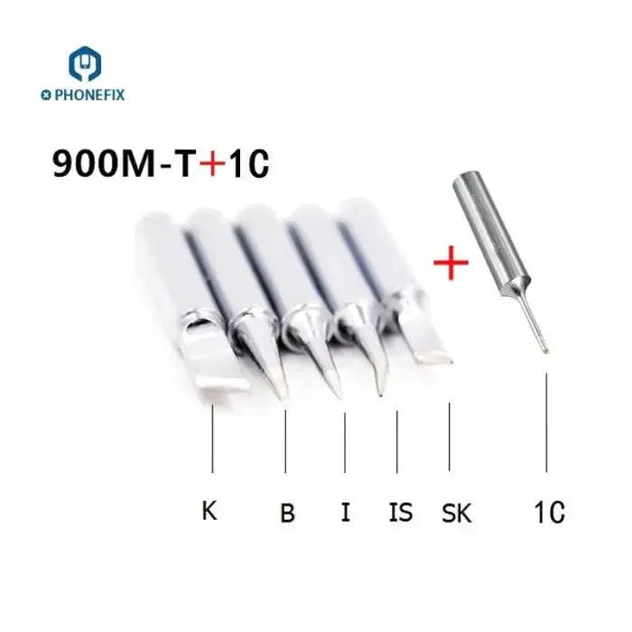 Six types of PHONEFIX 900M soldering iron tips for universal 936 soldering station, shown in a set for electronic soldering.