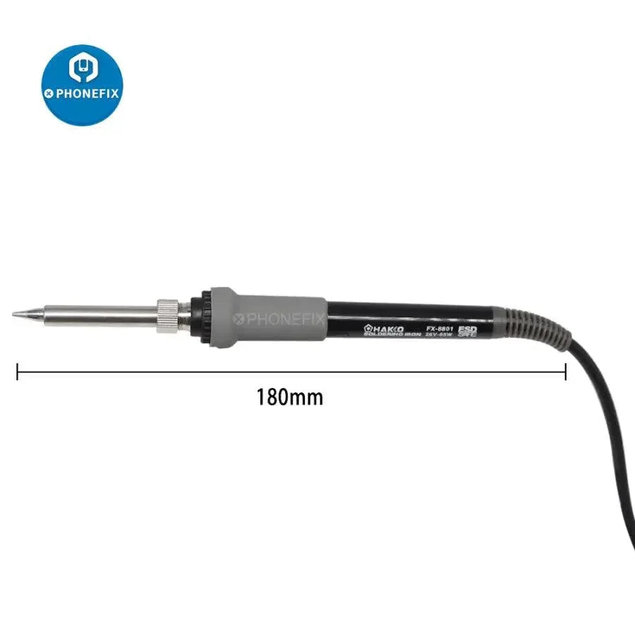 PhoneFix HAKKO FX-8801 26V 70W soldering iron handle for FX888D solder station, shown with iron tips and nozzles.