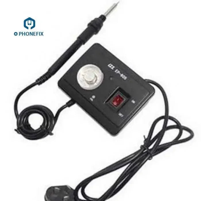 Mini portable soldering iron with constant temperature controller from PHONEFIX, featuring iron tips and nozzles for precision soldering.