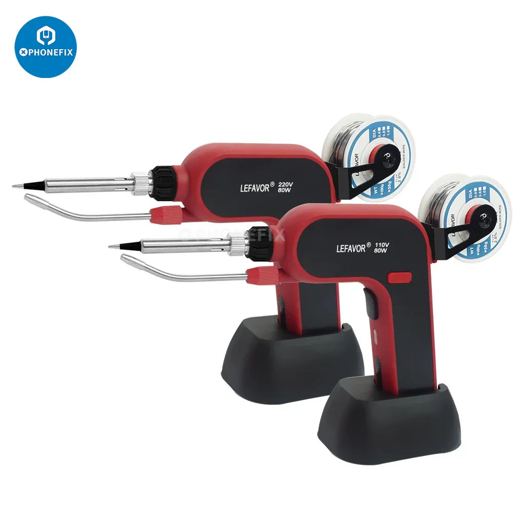 PHONEFIX DW-80 soldering gun with adjustable constant temperature, automatic tin feeding, and replacement iron tips and nozzles.