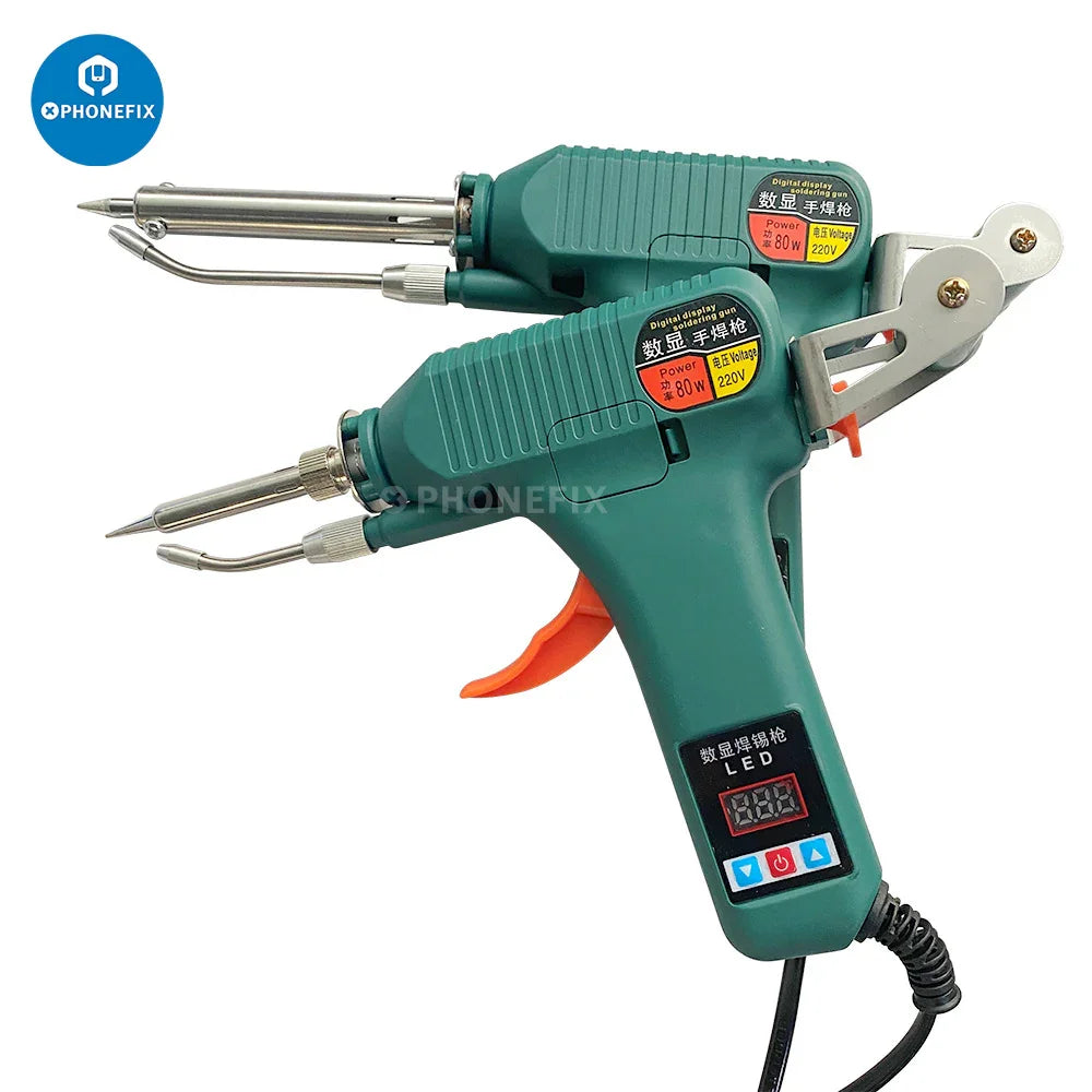 PhoneFix DW-80 soldering gun adjustable constant temperature automatic tin feeding kit with iron tips and nozzles for precise soldering.
