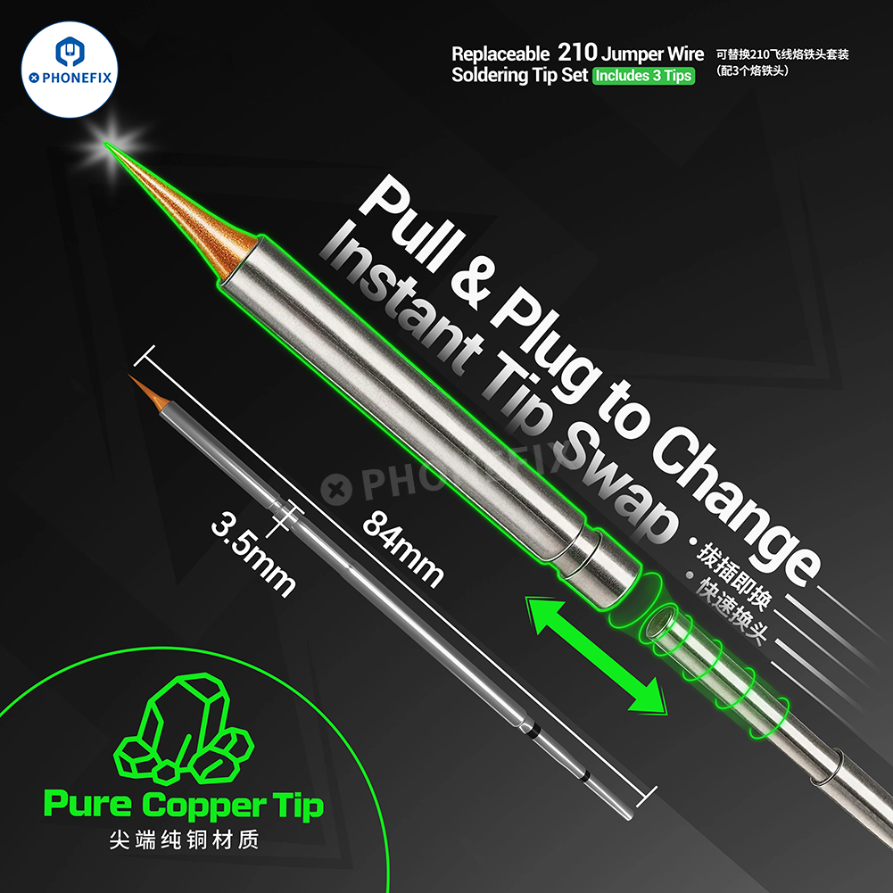 Replaceable FD35 soldering tip for PCB jumper wire repair by PHONEFIX, compatible with 210 series soldering irons.