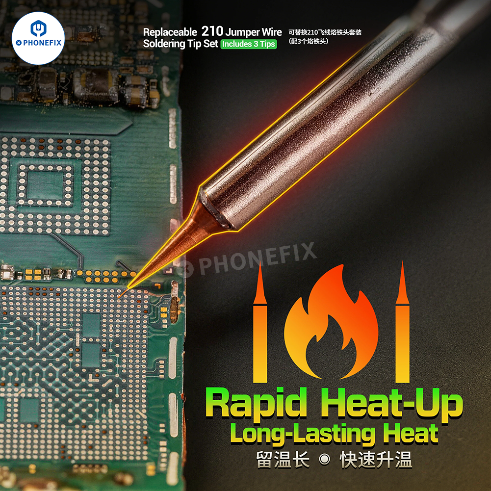 Replaceable FD35 soldering tip for PCB jumper wire repair, compatible with PHONEFIX iron tips and nozzles.
