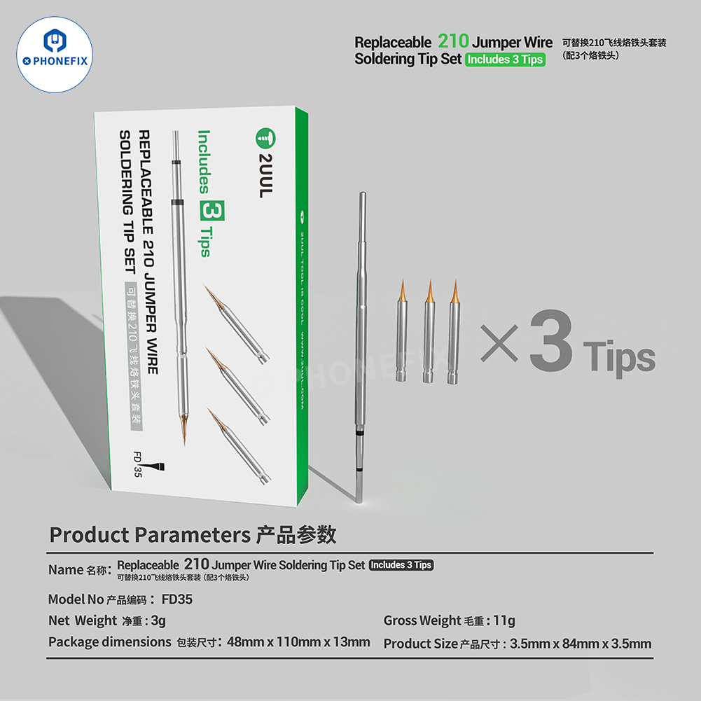 Replaceable FD35 soldering tip for PCB jumper wire repair, compatible with PHONEFIX 2UUL FD35 soldering iron tip.