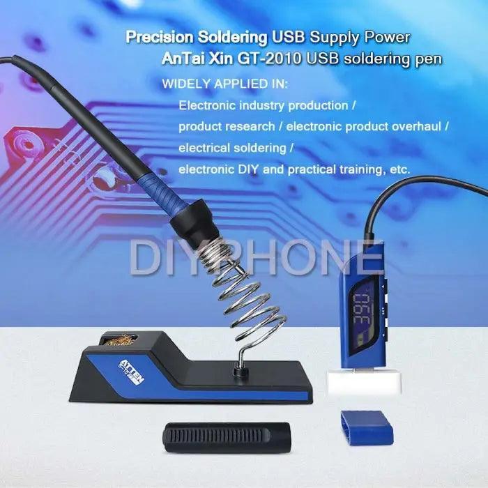 Portable USB soldering iron with precision tips and nozzles, branded PHONEFIX, model GT-2010, 5V 2A power supply, compact design