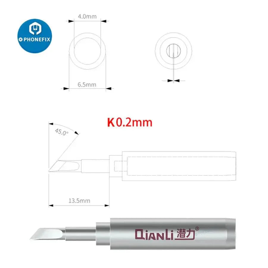 QianLi Universal 936 soldering iron tips for BGA rework, PHONEFIX brand, shown on a clean work surface with tips attached.