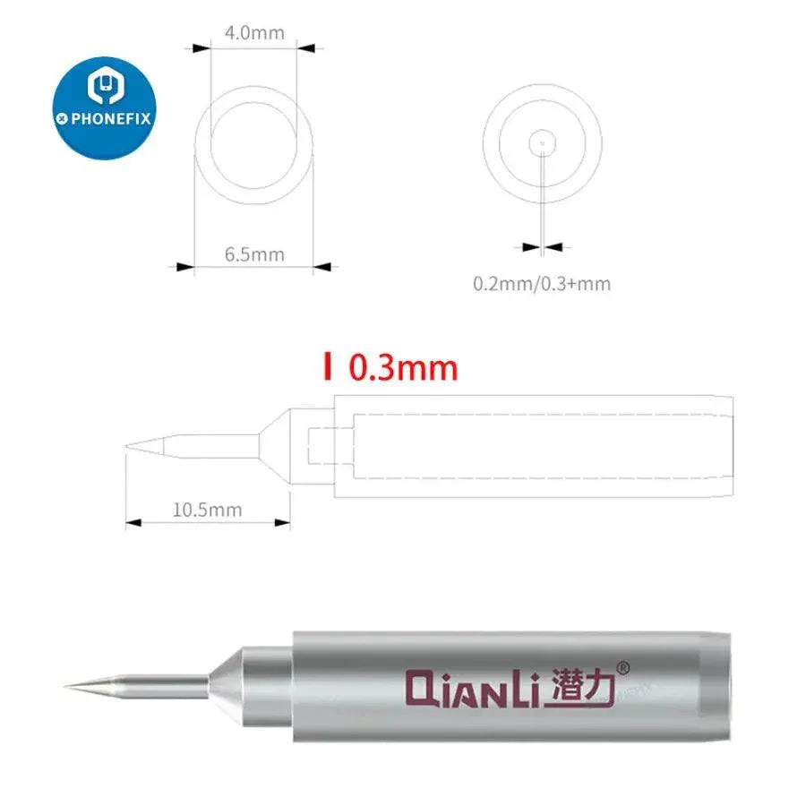 QianLi Universal 936 soldering iron tips for BGA rework, PHONEFIX brand, close-up of precision iron tips and nozzles.