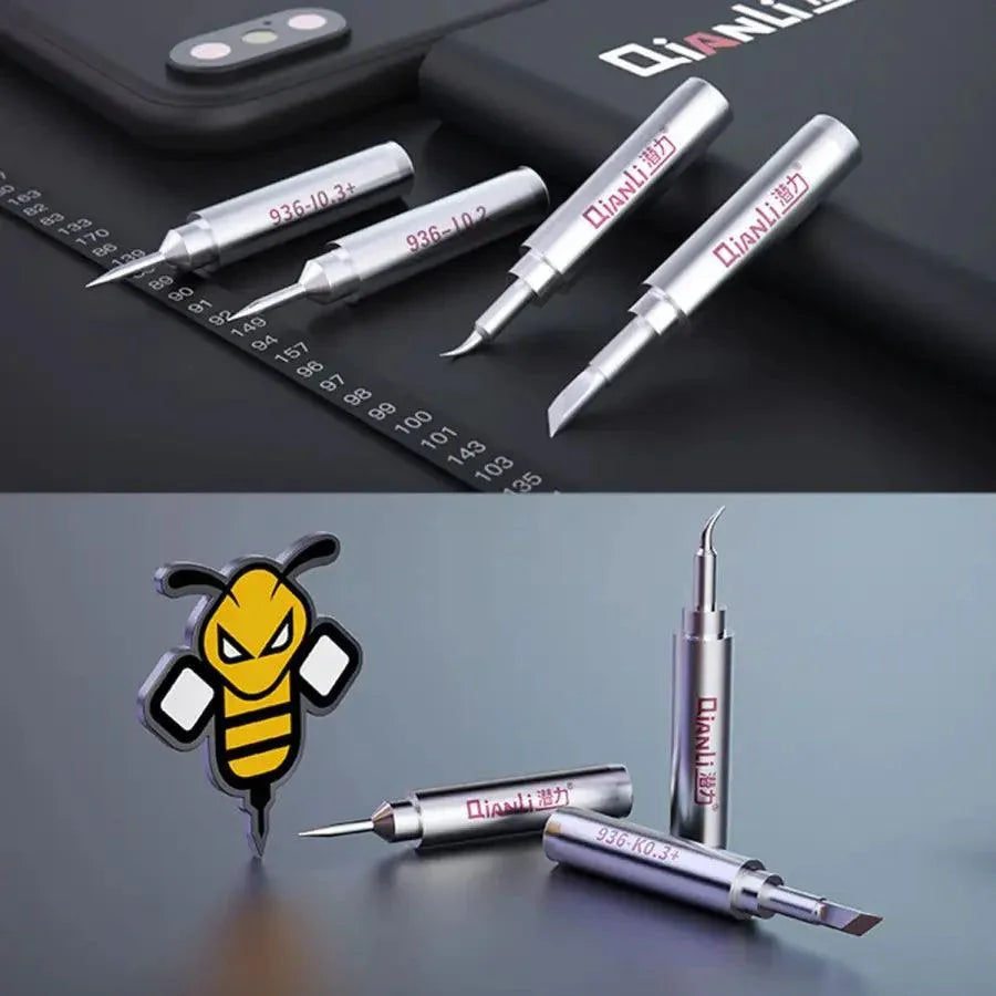 QianLi Universal 936 soldering iron tips for BGA rework, PHONEFIX brand, shown with precision tips for soldering and rework tasks.