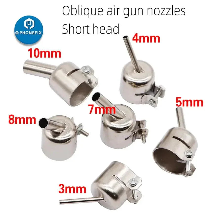 PhoneFix 45° curved hot air gun nozzle for 850 series welding station, 10mm iron tip, precise heat application for welding tasks.