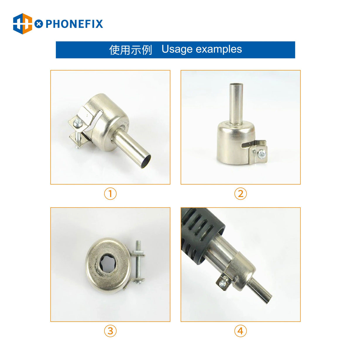 PhoneFIX 45° curved hot air gun nozzle for 850 series welding station, iron tips and nozzles, 10mm diameter, precise heat application