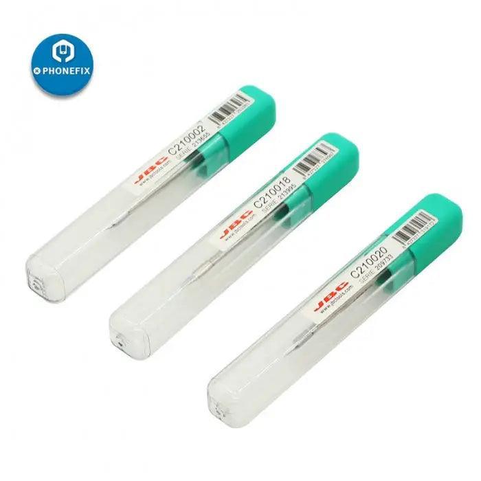 JBC C210 soldering iron tip C210002, C210018, or C210020 for JBC T210 handle, used for precise electronic soldering.